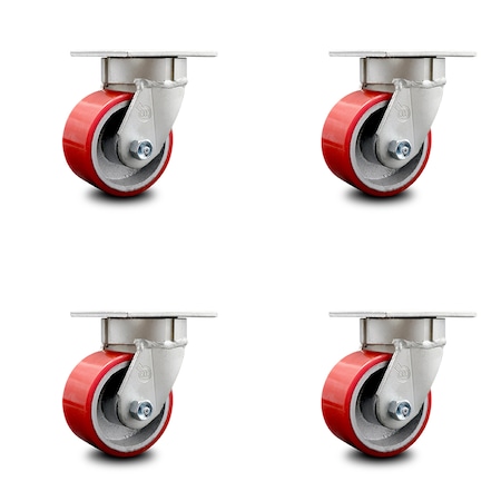 Service Caster 4 Inch Kingpinless Red Poly on Steel Wheel Swivel Top Plate Caster, 4PK SCC-KP30S420-PUR-RS-4
